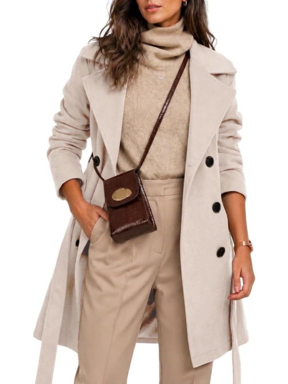 Chic Women's Double Breasted Wool Midi Trench Coat with Belt - Stylish Outerwear